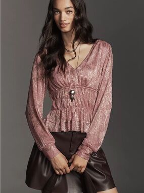 Anthro Metallic Smocked Blouse NWT Pink Gold Shimmer Peplum Boho Top Size XXS